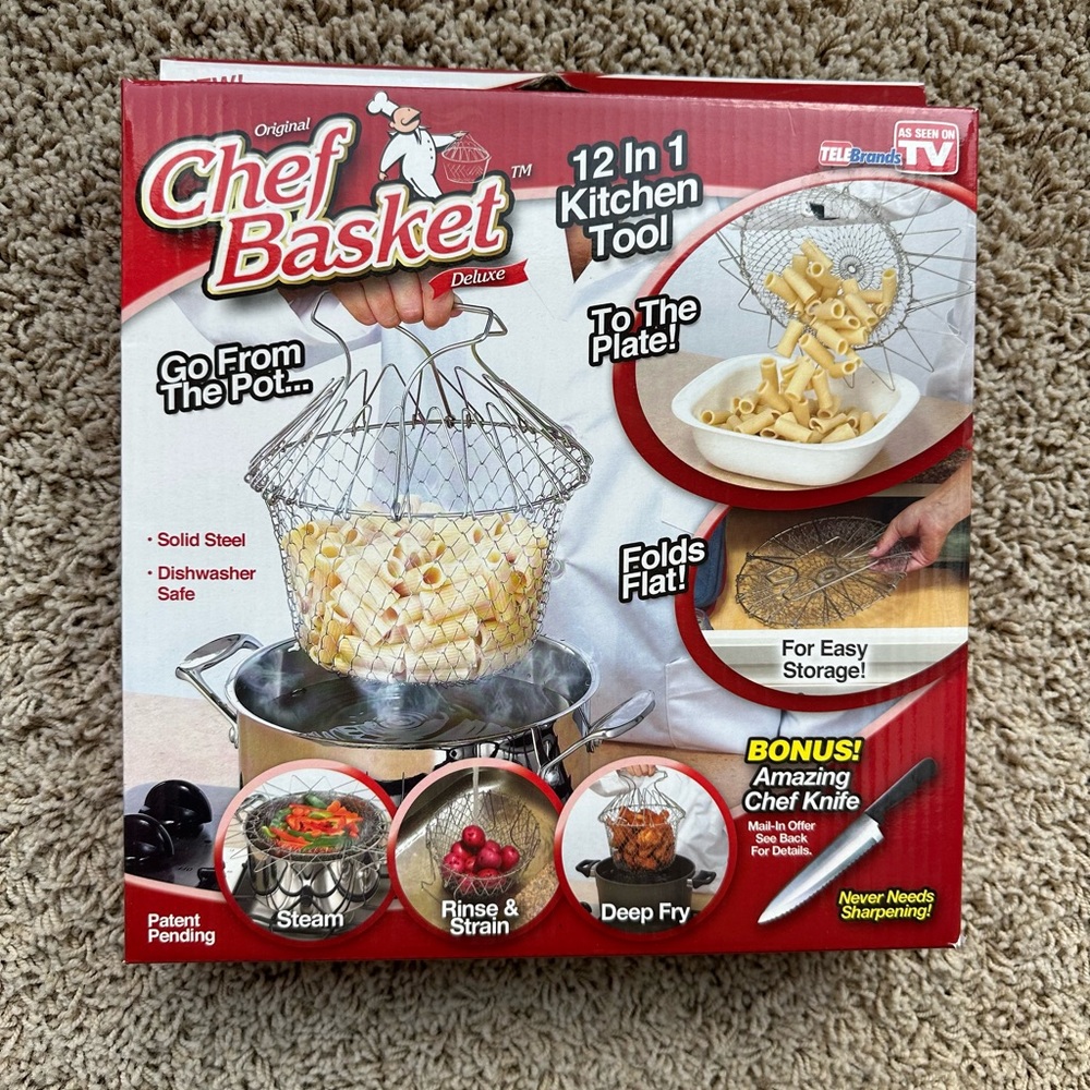 Chef basket steam, rinse/strain, deep fry, folds flat